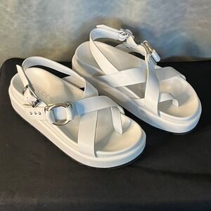 J/Slides NYC Solara White Leather Platform Sandals Criss Cross Buckle Adjustable